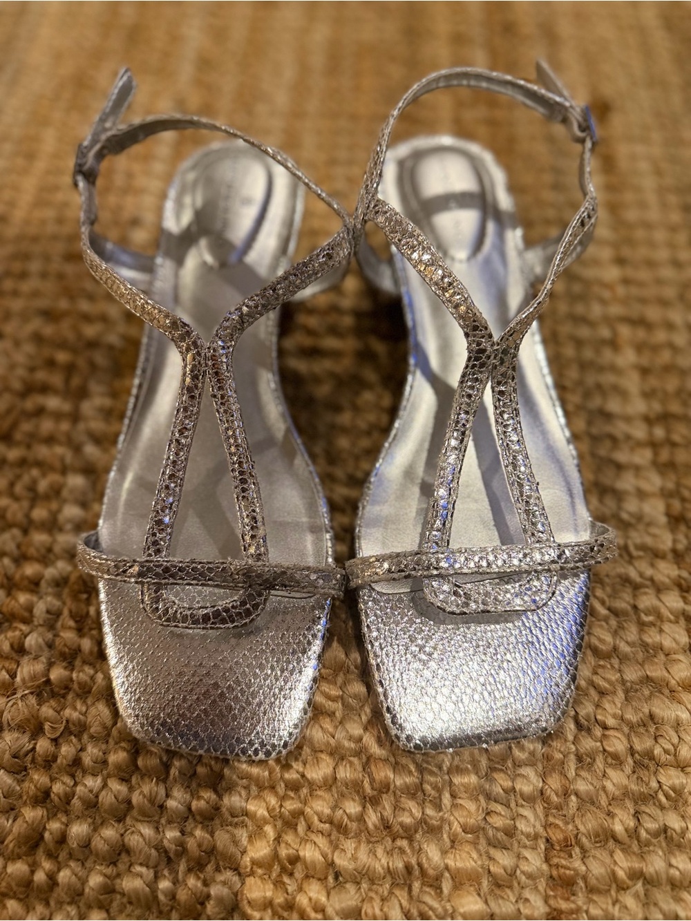 Women's Metallic Silver T-Strap Dress Sandals